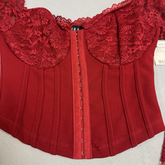 AKIRA Womens Small Red Corset Bustier Date Night Lace Sleeves Regency Going Out - Picture 5 of 16